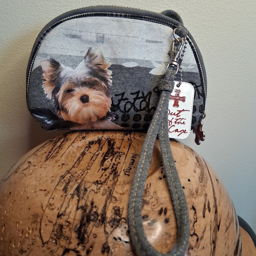 Fuzzy Nation Gray Dog Print Wristlet Clutch With Cross Body Strap